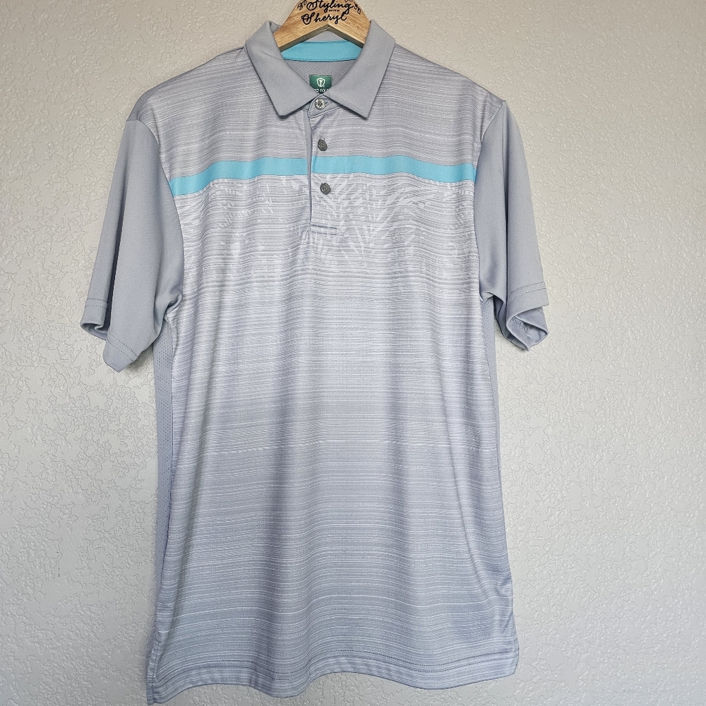 Pro Tour Mens Gray White striped tropic print Polo Shirt with Aqua Accents